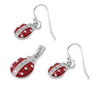    Sterling Silver & CZ Red Lady Bug Earring & Necklace Set: Jewelry