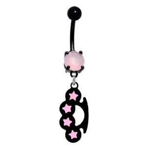  Black w/ Pink Stars Brass Knuckles dangle Belly navel Ring 