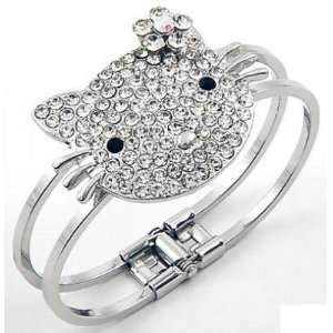  Crystal flower Kitty silver plated bangle bracelet w/ AB 
