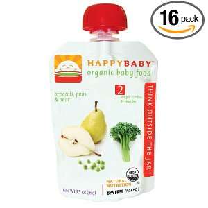 HAPPYBABY Organic Baby Food, Stage 2, Broccoli, Peas & Pear, 3.5 Ounce 