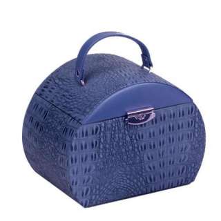 New Large Round Leather Travel Case Jewelry Box   Blue  