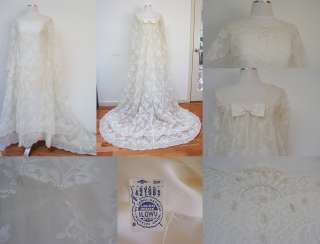 VINTAGE ANTIQUE TULLE LACE EMBROIDERED PEARL SEQUIN LONG TRAIN WEDDING 