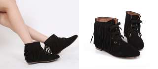 NEW Celeb Style Genuine Leather Fringed Ankle Boots Flats Shoes 2 