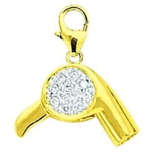  14K Gold 1/10ct HIJ Diamond Hair Dryer Spring Ring Charm 