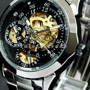 Charm Automatic Gold Tone Skeleton Mechanical Men Watch  