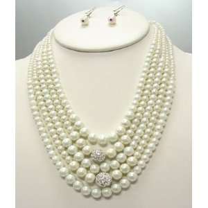  White Pearl Multi strand with Crystal Balls Necklace 