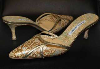 MANOLO BLAHNIK Gold Tan Print Leather Mules Pumps Heels Shoes Size 37 
