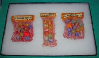 Marble King   3 Vintage Mesh Bags With Peltier Marbles & Glass Display 