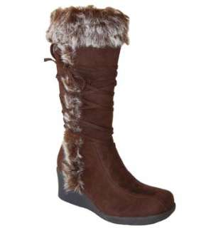 Stylish Faux Fur Cuff & Suede Lace Mid Calf Wedge Boots  