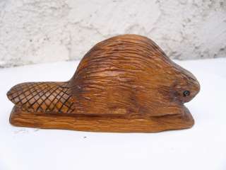   Wood Light Brown Beaver Animal Figurine On Log Glass Eye 5 1/4  