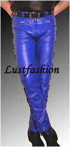 mens leather pants blue / leather trousers lacets NEW  