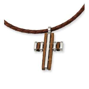    Stainless Steel Wood Accent Cross Pendant Necklace: Jewelry
