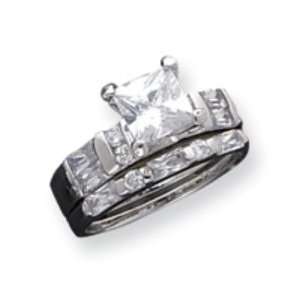  Sterling Silver CZ 2 Piece Wedding Set Ring: Jewelry