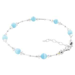  Sterling Silver Cool Blue Cats Eye & Clear Crystal Anklet 
