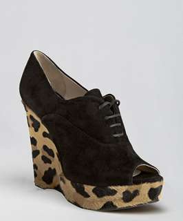 Prada black suede leopard print calf hair peep toe wedges
