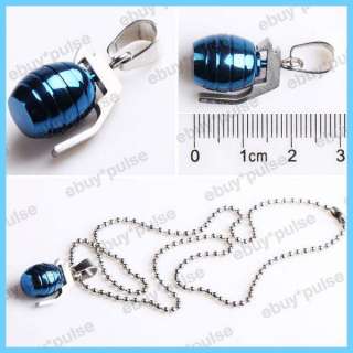   Stainless Steel Blue Grenade Men Women Chain Pendant Necklace Gift