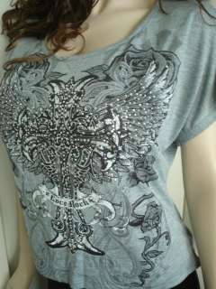 Cross Wings Roses  Love Rock  Crystals Rhinestones Tattoo Tee Shirt 