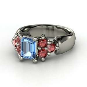   Ring, Emerald Cut Blue Topaz Platinum Ring with Red Garnet Jewelry