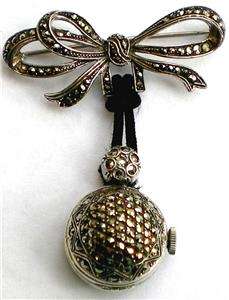   silver & marcasite ribbon bow pendant brooch watch c1930s WO  