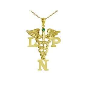 NursingPin   LPN Licensed Practical Nurse Necklace with Emerald in 14K 