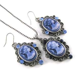 description pretty rare blue cameo pendant necklace and earring set 