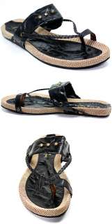 Black Faux Leather Stud Braided Flat Thong Sandals SZ 7  