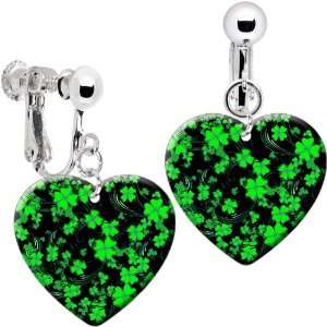    Heart Black Green Four Leaf Clover Clip On Earrings: Jewelry