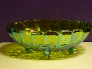 Vintage Carnival Glass Green Oval Footed Fruit Bowl  