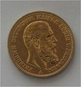 PRUSSIA 20 MARK GOLD COIN FRIEDRICH III RARE 1888, XF  