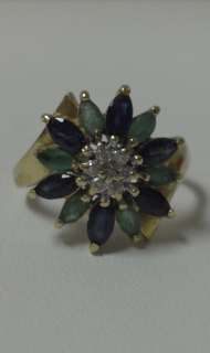 14k Yellow Gold Emerald & Sapphire Flower Ring   size 6 1/4  