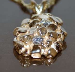 GOLD NUGGET CHARM PENDANT SOLID 14K CUSTOM MADE WITH 2 REAL DIAMONDS 0 