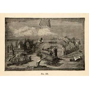  1876 Wood Engraving Roman Harbor Pompeii Arch Architecture 