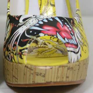 New Ed Hardy Tiger Casablanca Yellow Heel Pumps Shoes  