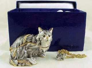 Bejeweled Gray Tabby Cat Trinket Box w Necklace   NIB  