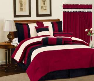Micro Suede Comforter Set Queen Black/Burgundy/Beige  