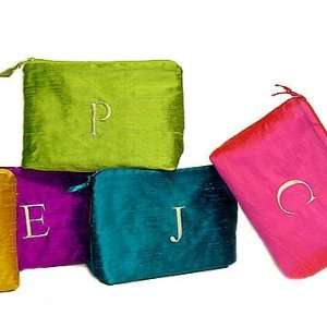   Embroidered Initial Silk Small Dupioni Cosmetic Bag 4.5 x 6 Beauty