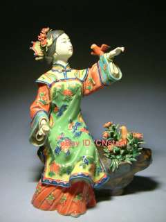 Stunning Chinese Porcelain Women Flower Bird Statue 9H  