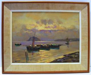 BAY OF NAPLES   SUNSET WITH FISHING BOATS OIL  