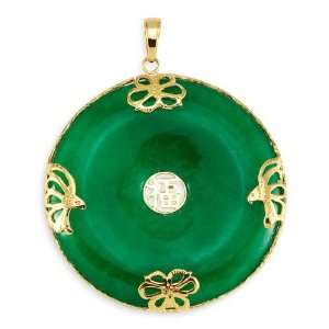    14k Yellow Gold Engraved Chinese Green Jade Pendant: Jewelry