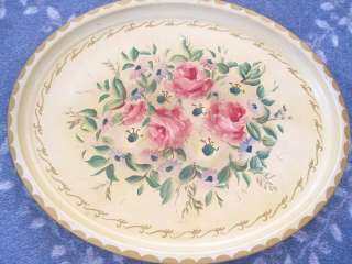 Hand Painted Pink Roses Original Antique Tole Tray  Shabby Country 