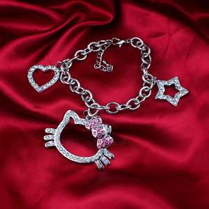   Hello Kitty Silver Bracelet Clear Swarovski Crystal Charm Bow  