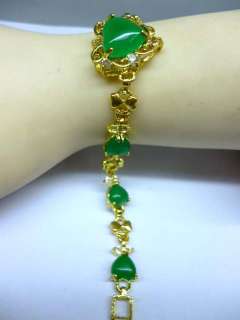   Gold Plated Heart Shaped Green Jade Beads White Zircon Bracelet Bangle