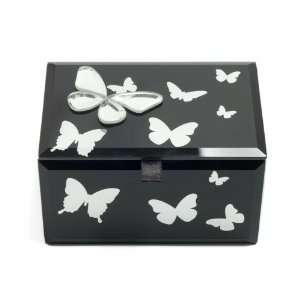  Hestia Black Glass Silver Butterfly Trinket Jewellery Box 