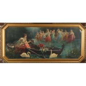   Paper Framed Color Lithograph Water Nymphs Woman Boat 
