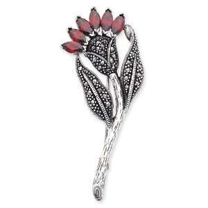    Sterling Silver Marcasite and Garnet CZ Flower Pin Jewelry