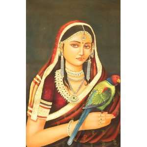    Lady with Parrot   Oil on Canvas with 24 Karat Gold