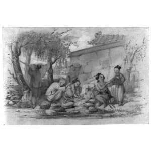 Country scene,Women doing wash,stream,pounding clothes with sticks 