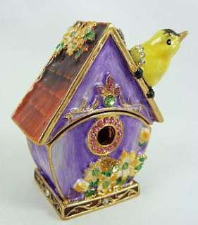 Pewter Swarovski Bejeweled Bird House w/ Goldfinch Trinket Box  