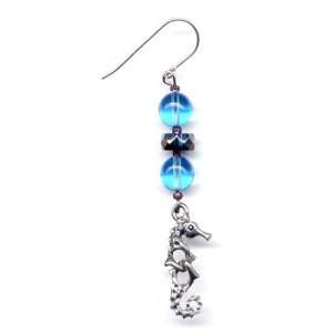  Blue Glass Bead Sea Horse Earrings Sterling Silver Jewelry 