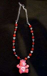 Love a lot Bear Care Bears Charm Red Sparkly Beaded Pendant Necklace 
